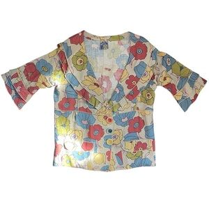 Papike Wearable Art Linen Jacket Rare Floral Print Handmade USA Ruffle Sleeve M